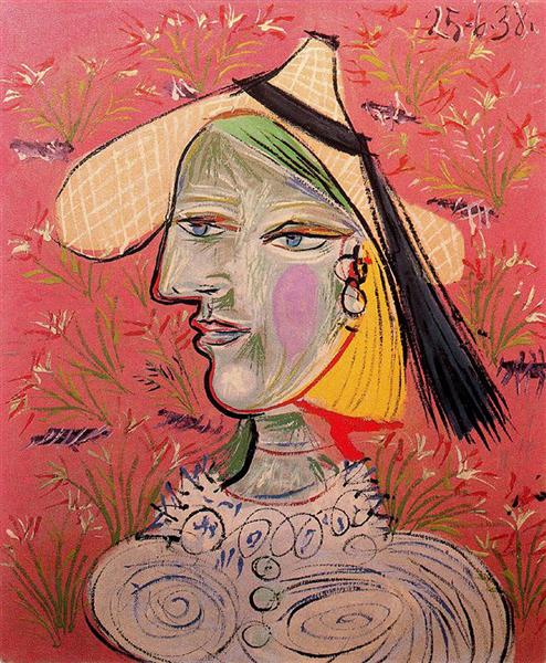 Pablo Picasso Woman With Straw Hat On Flowery Background